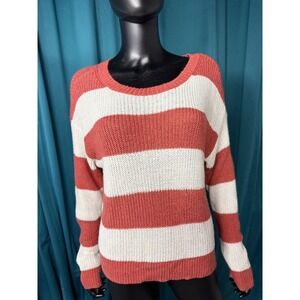 American eagle Striped Knit Sweater Coral White Oversized Casual Cozy Top M